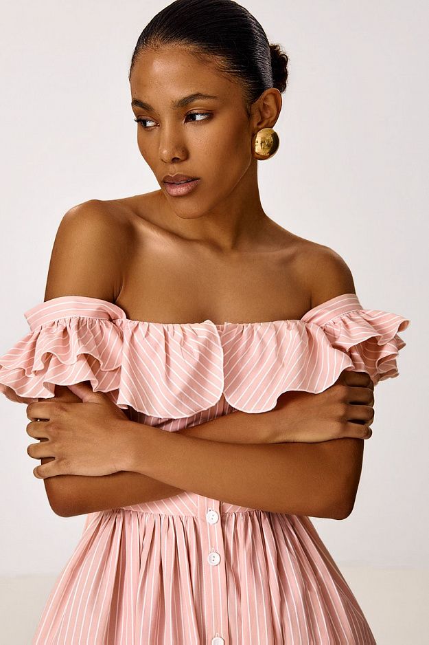 Midi Dress with Ruffle Sleeves and Fitted Waist