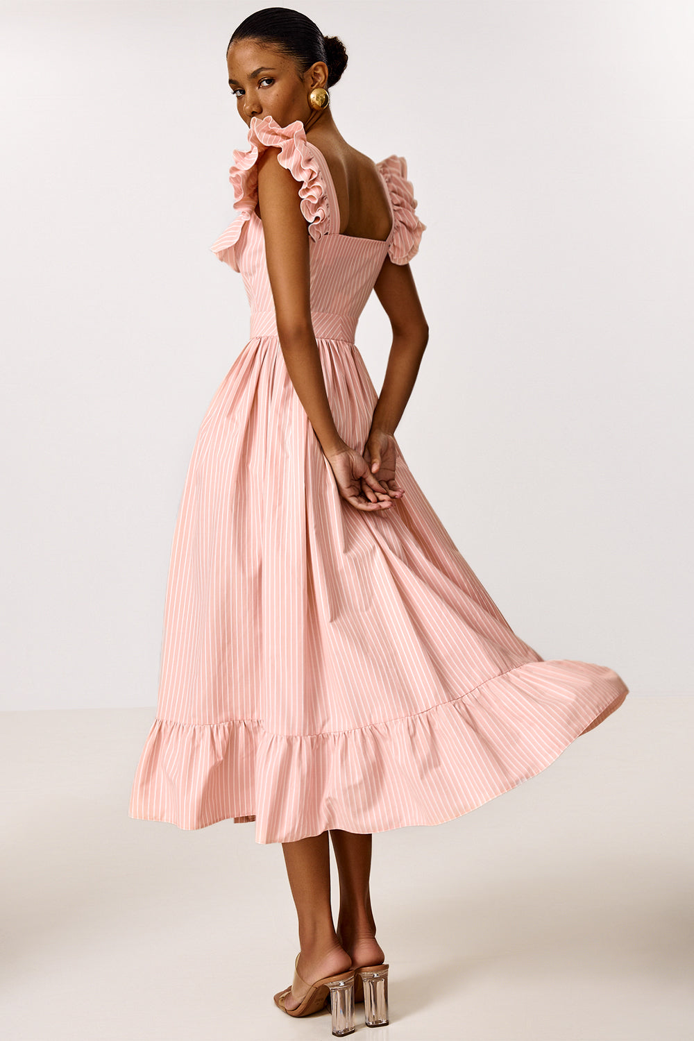 Midi Dress with Ruffle Sleeves and Fitted Waist