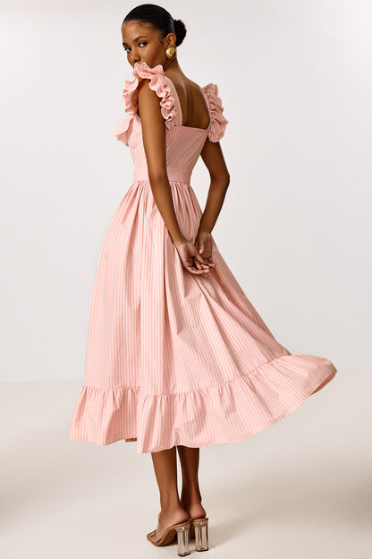 Midi Dress with Ruffle Sleeves and Fitted Waist