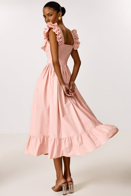 Midi Dress with Ruffle Sleeves and Fitted Waist