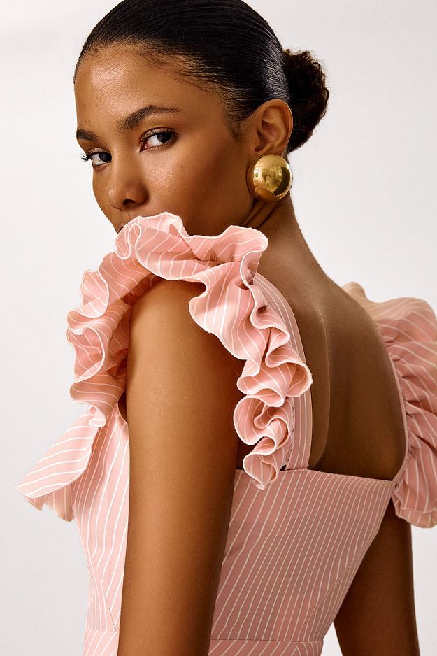 Midi Dress with Ruffle Sleeves and Fitted Waist