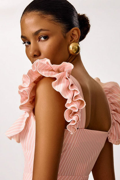Midi Dress with Ruffle Sleeves and Fitted Waist