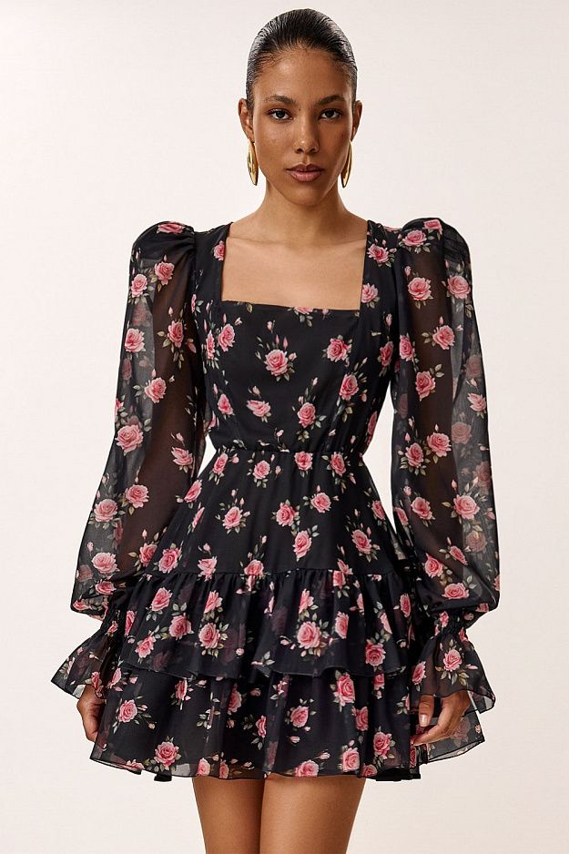 Floral Print Dress with Detachable Train