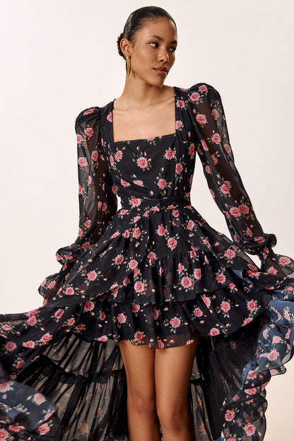 Floral Print Dress with Detachable Train