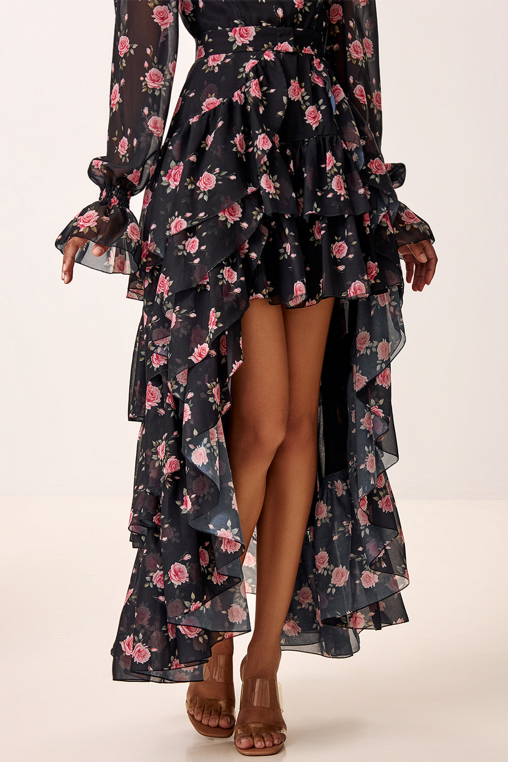 Floral Print Dress with Detachable Train