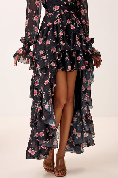 Floral Print Dress with Detachable Train
