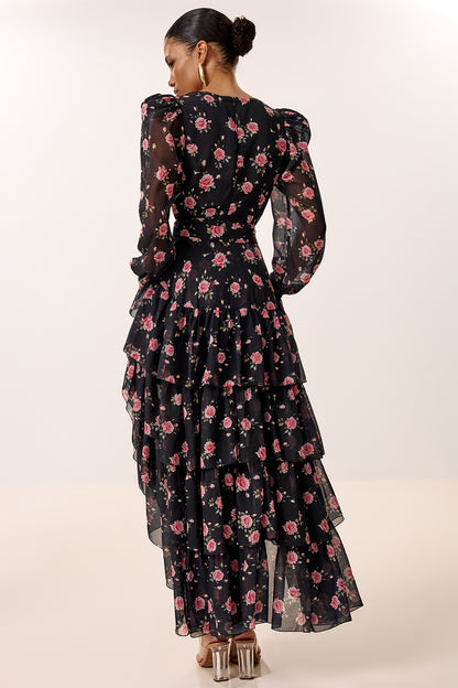 Floral Print Dress with Detachable Train