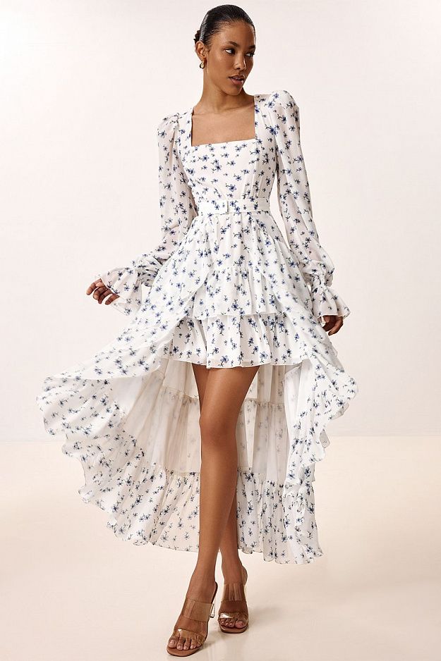 Floral Print Dress with Detachable Train
