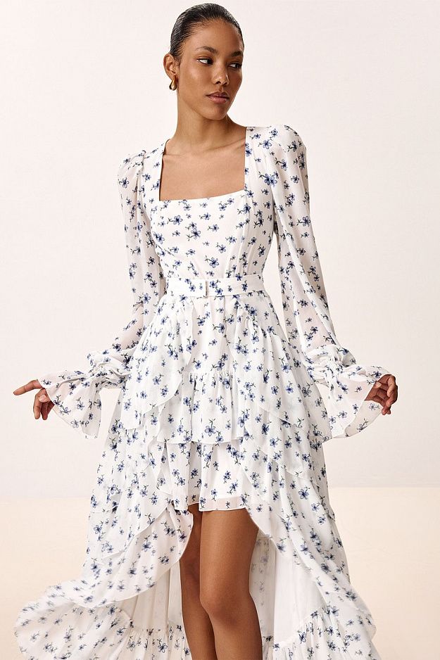 Floral Print Dress with Detachable Train