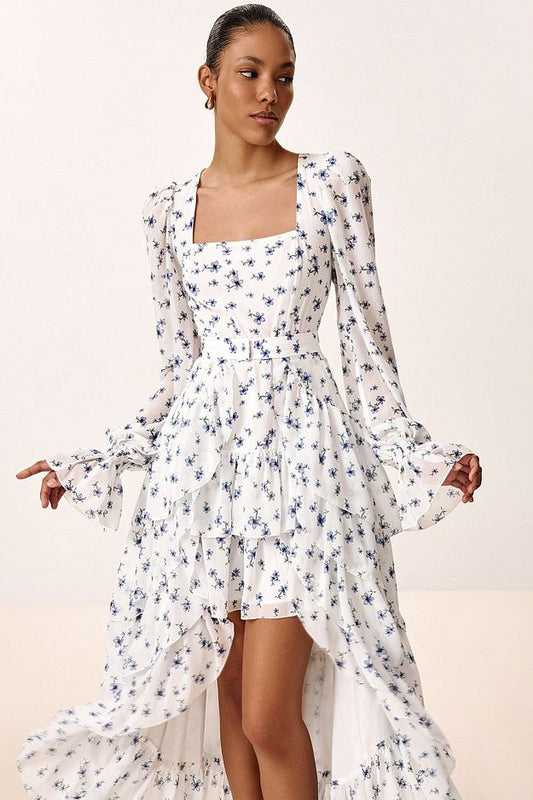 Floral Print Dress with Detachable Train