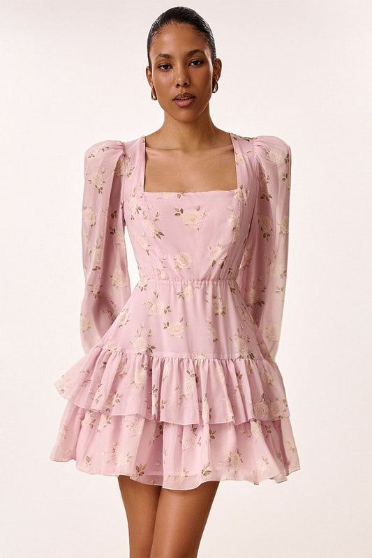 Floral Print Dress with Detachable Train
