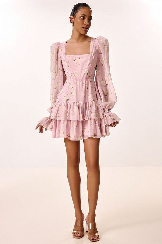 Floral Print Dress with Detachable Train