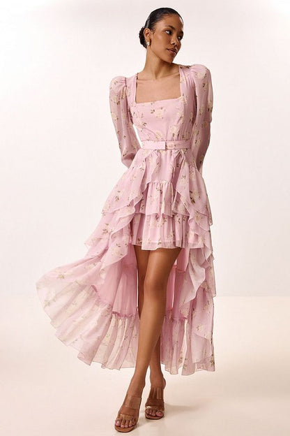 Floral Print Dress with Detachable Train