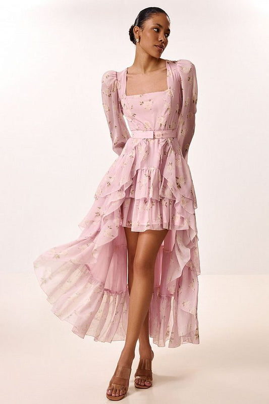Floral Print Dress with Detachable Train
