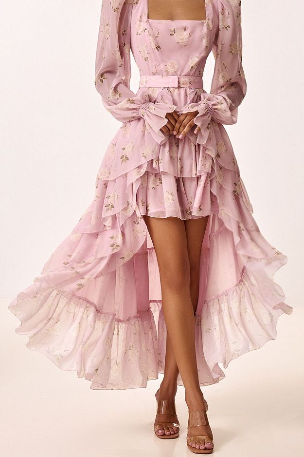 Floral Print Dress with Detachable Train