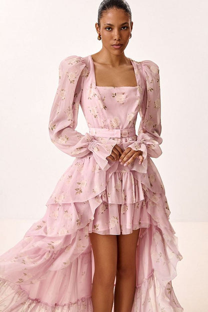 Floral Print Dress with Detachable Train