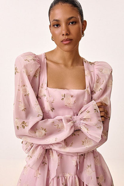 Floral Print Dress with Detachable Train