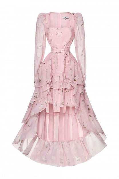Floral Print Dress with Detachable Train