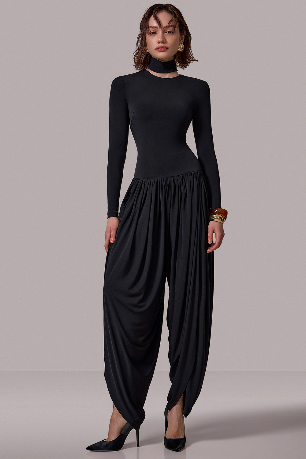 Draped High-Neck Jumpsuit