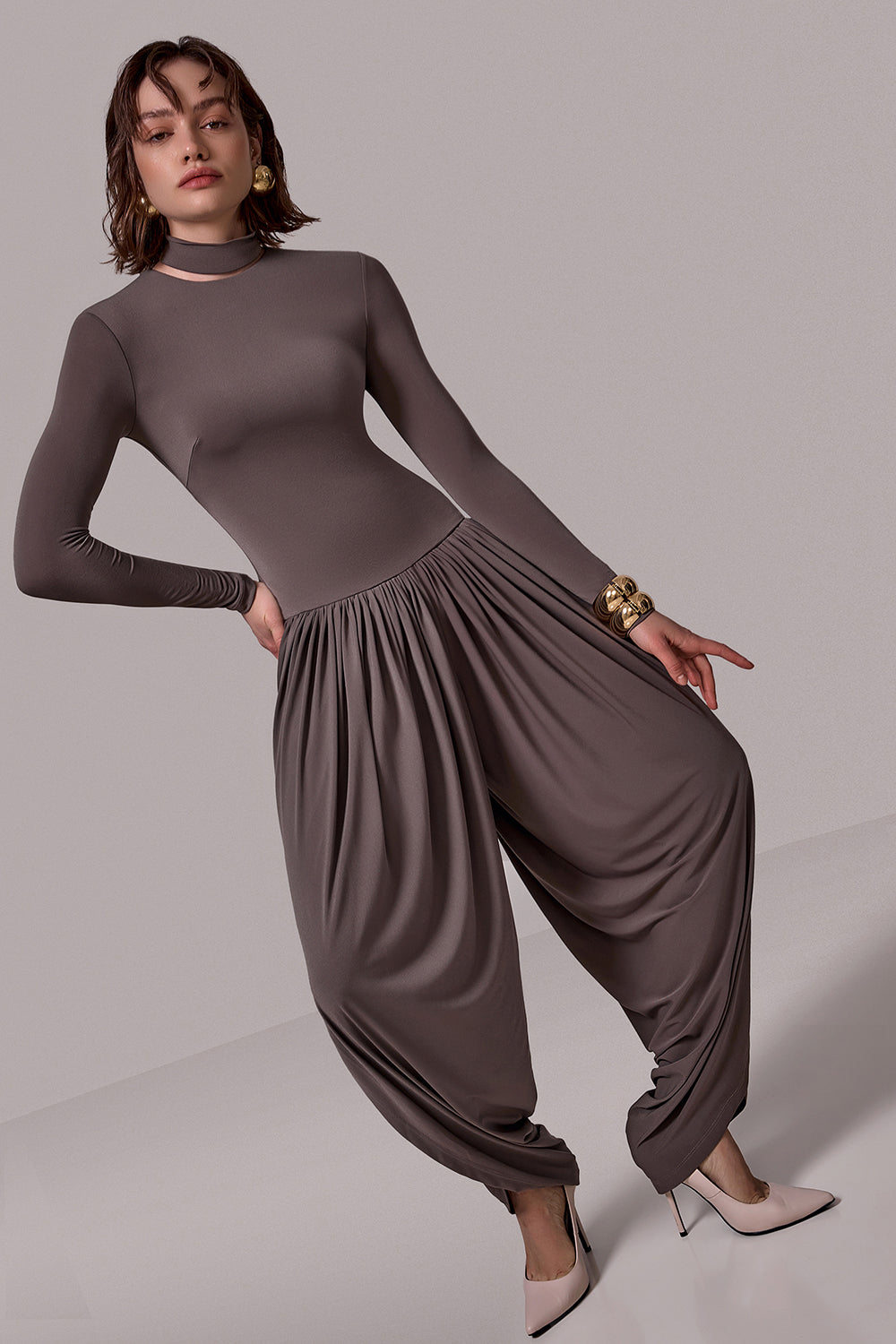 Draped High-Neck Jumpsuit