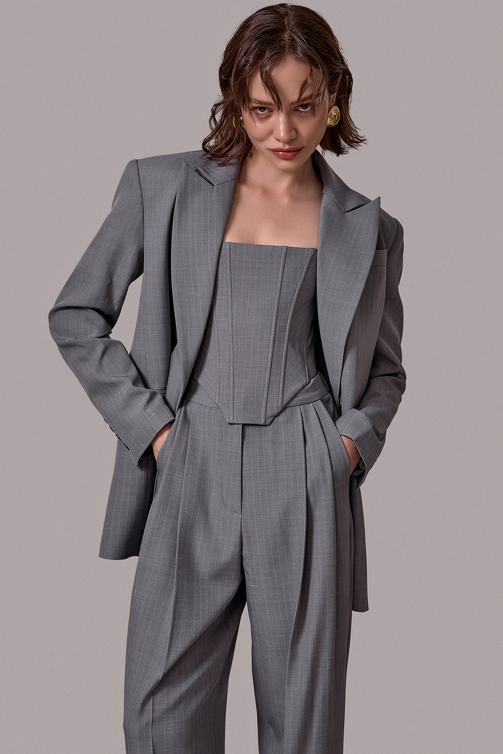 Tailored Pinstripe Belted Jacket