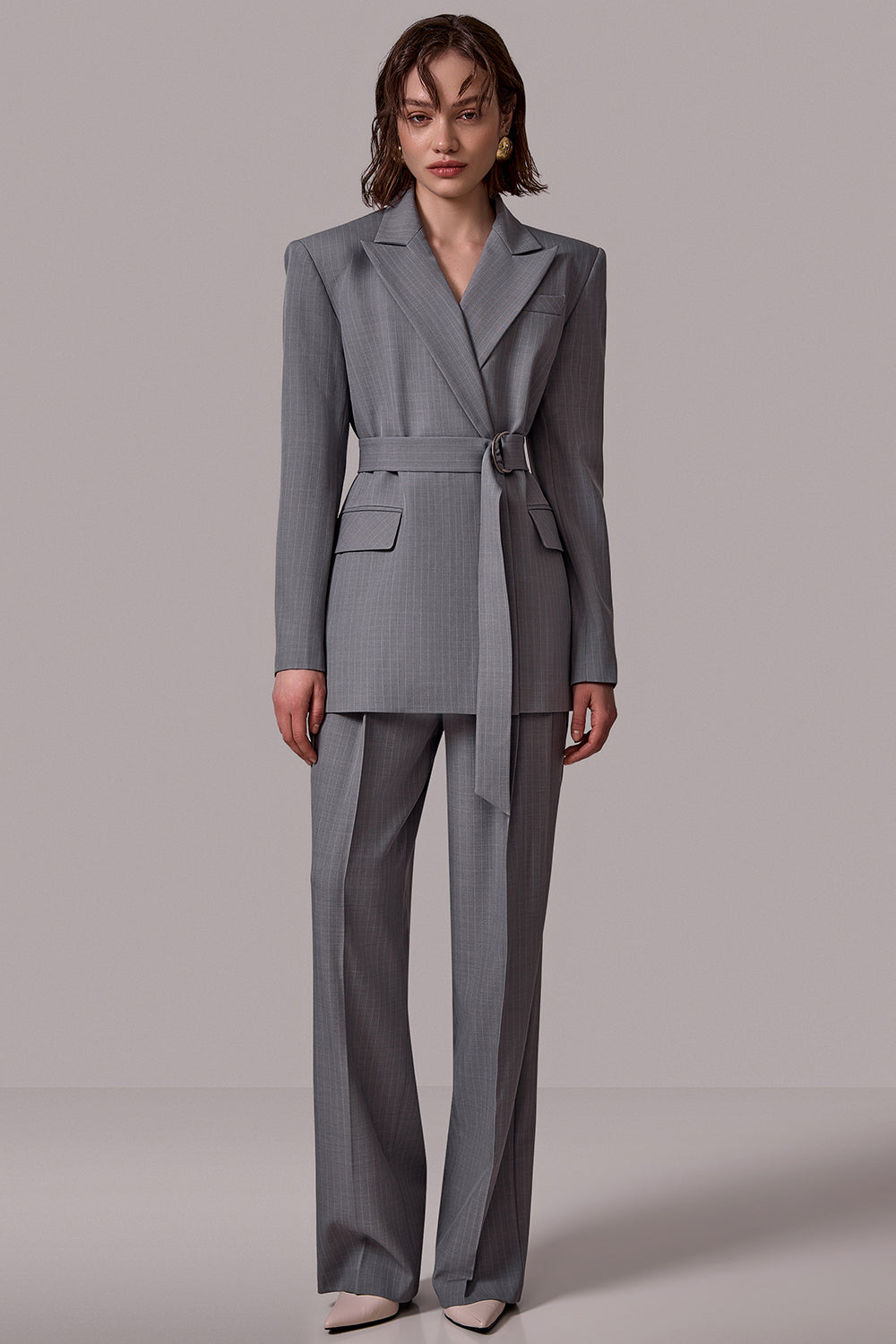Tailored Pinstripe Belted Jacket