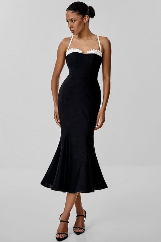 Midi Dress with Embroidery and Detachable Straps