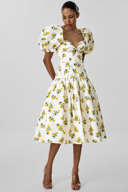 Cotton Midi Dress with Print and Puff Sleeves