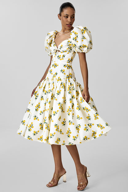 Cotton Midi Dress with Print and Puff Sleeves