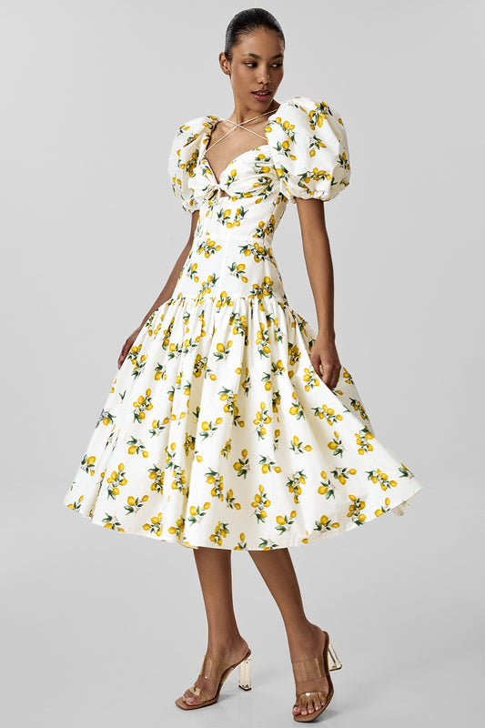 Cotton Midi Dress with Print and Puff Sleeves