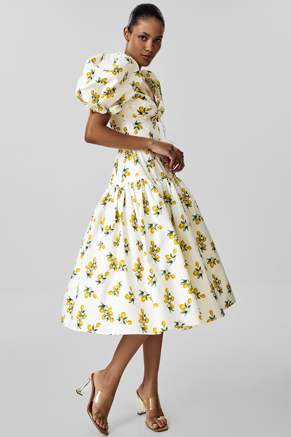 Cotton Midi Dress with Print and Puff Sleeves