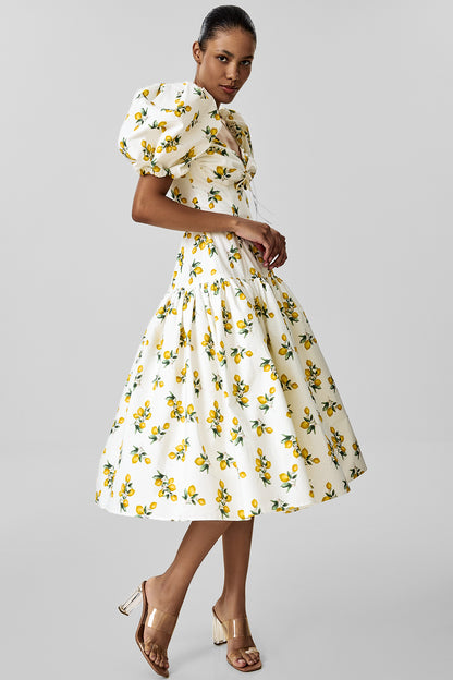 Cotton Midi Dress with Print and Puff Sleeves