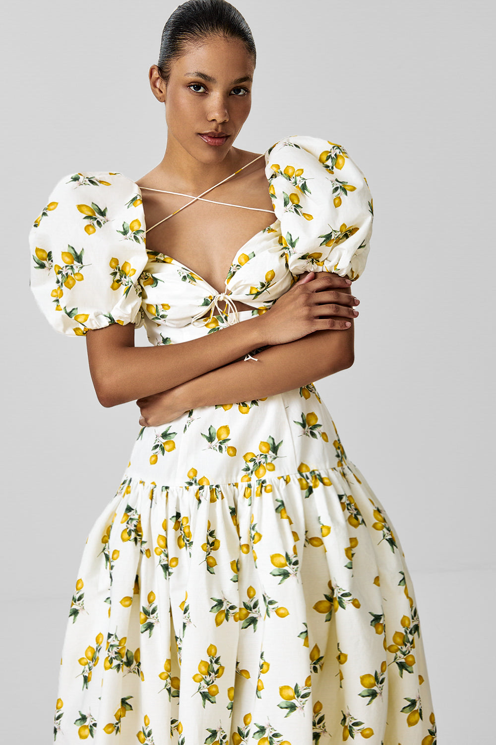 Cotton Midi Dress with Print and Puff Sleeves