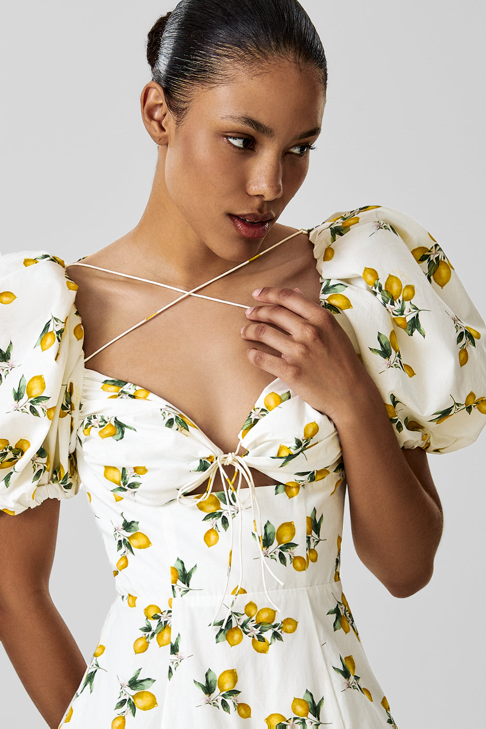 Cotton Midi Dress with Print and Puff Sleeves