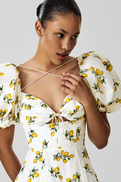 Cotton Midi Dress with Print and Puff Sleeves