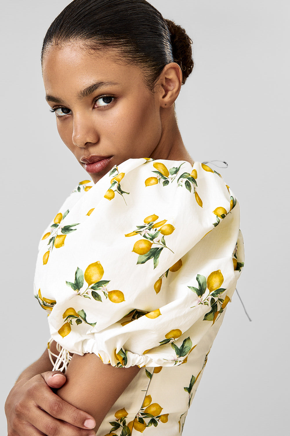 Cotton Midi Dress with Print and Puff Sleeves