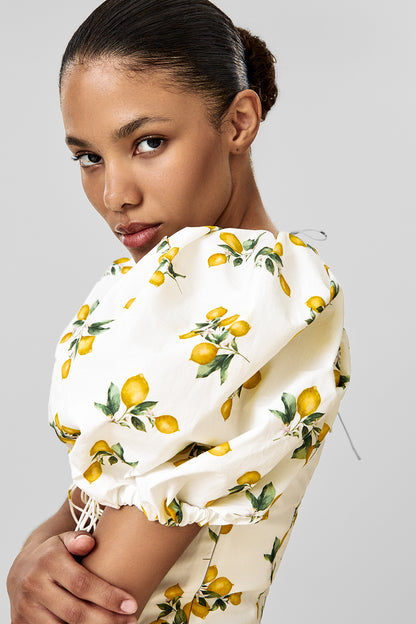 Cotton Midi Dress with Print and Puff Sleeves