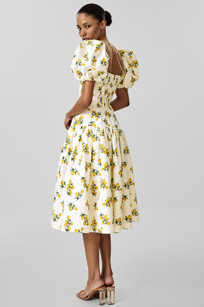 Cotton Midi Dress with Print and Puff Sleeves