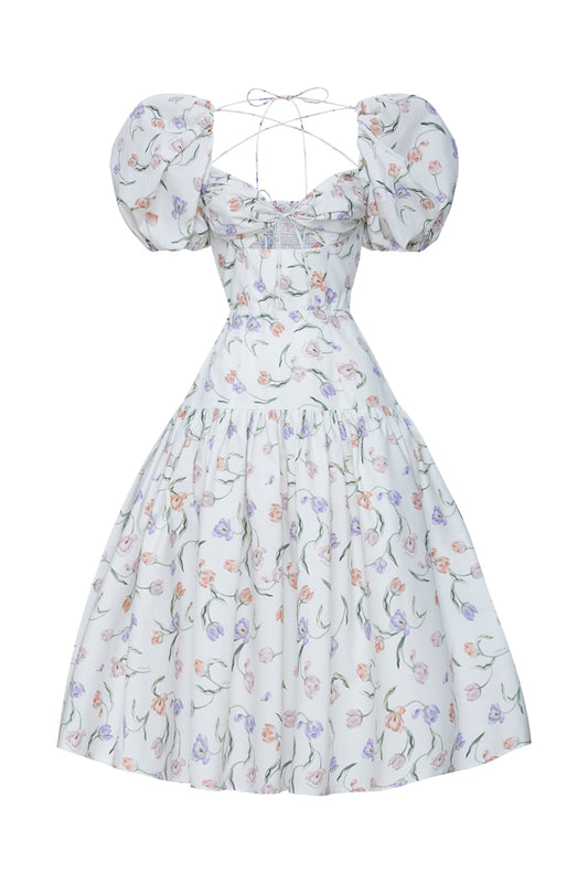 Cotton Midi Dress with Print and Puff Sleeves