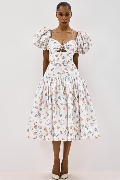 Cotton Midi Dress with Print and Puff Sleeves