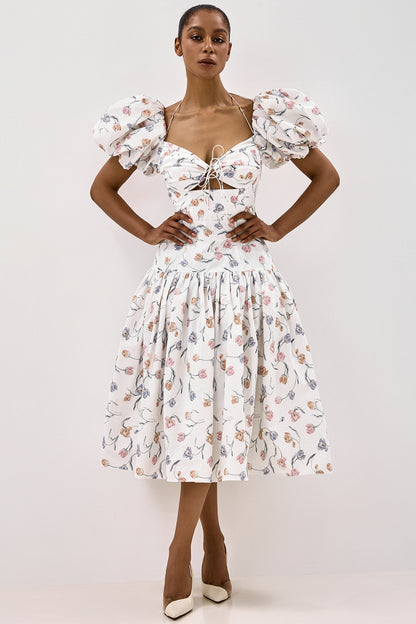 Cotton Midi Dress with Print and Puff Sleeves