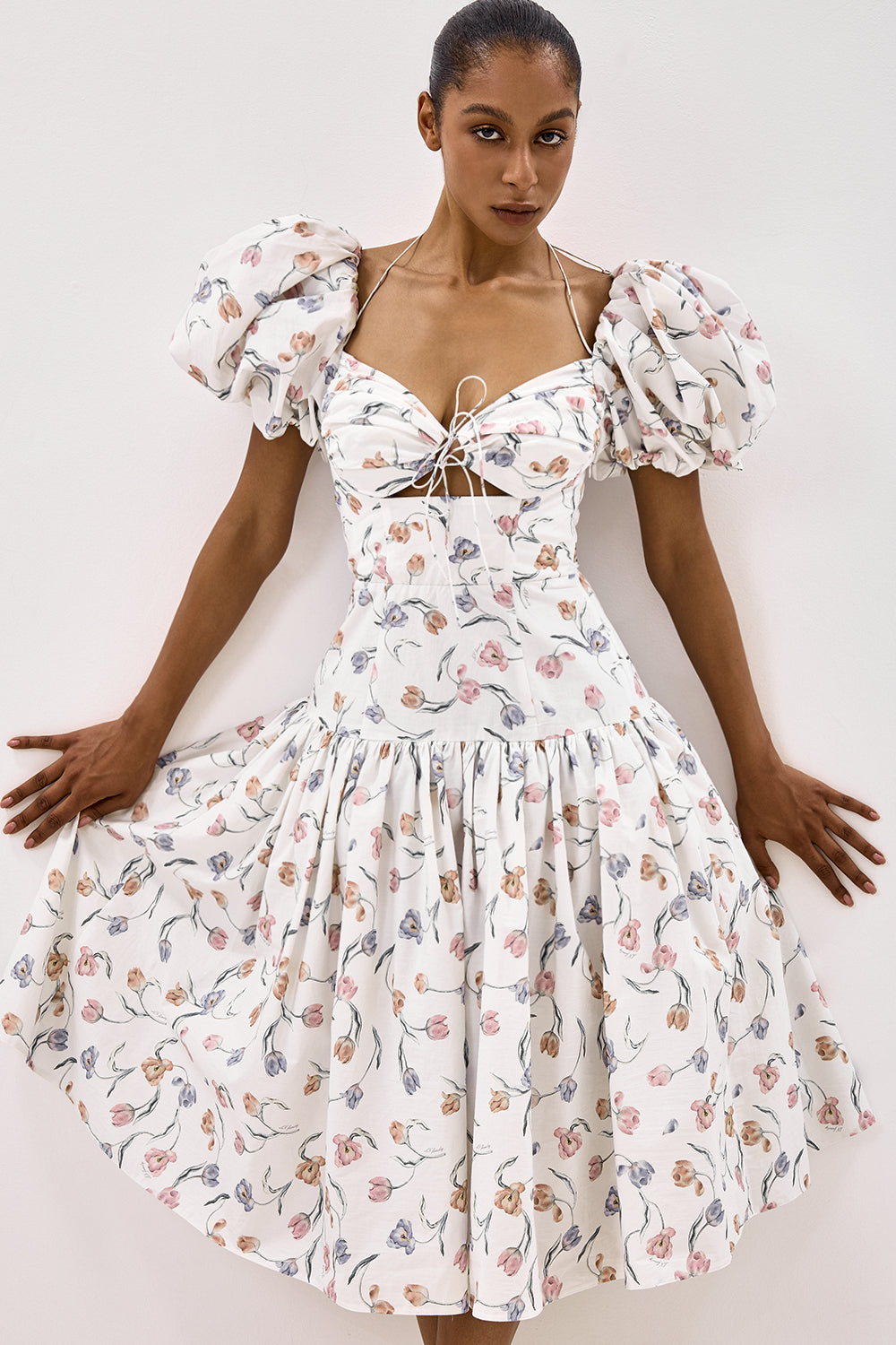 Cotton Midi Dress with Print and Puff Sleeves