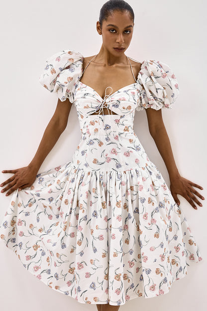 Cotton Midi Dress with Print and Puff Sleeves