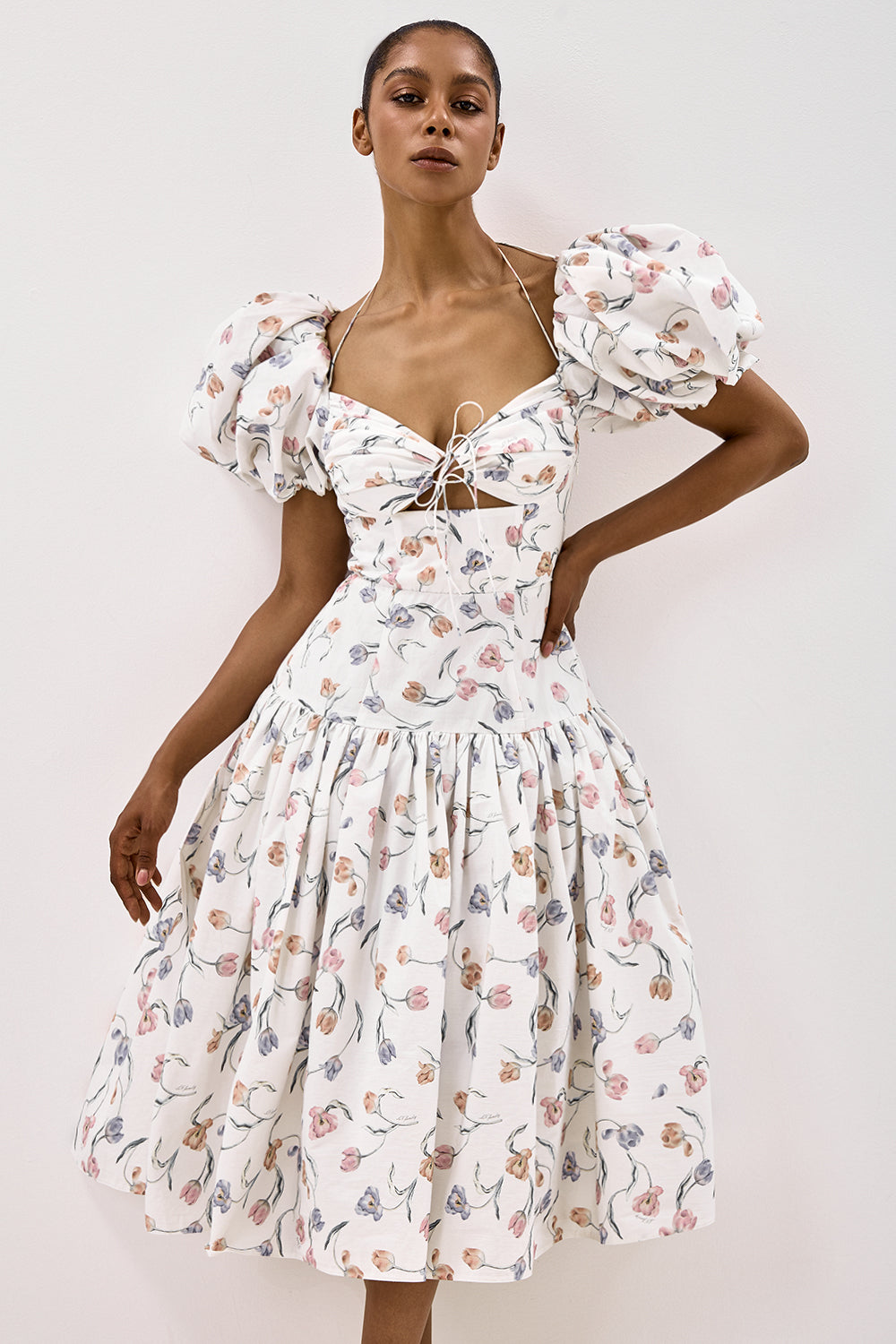 Cotton Midi Dress with Print and Puff Sleeves