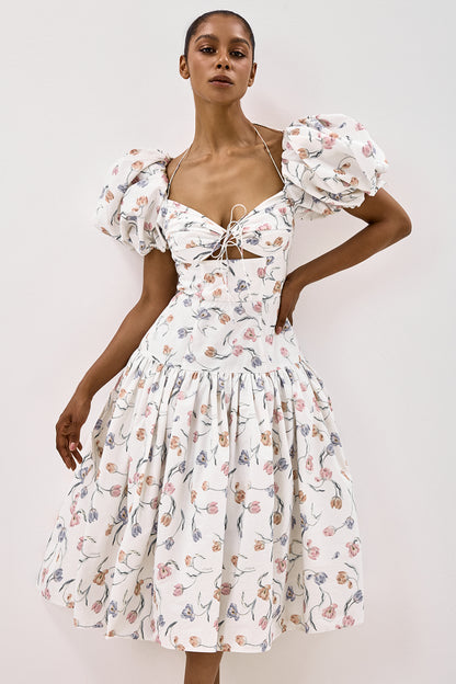 Cotton Midi Dress with Print and Puff Sleeves