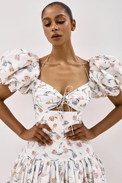 Cotton Midi Dress with Print and Puff Sleeves
