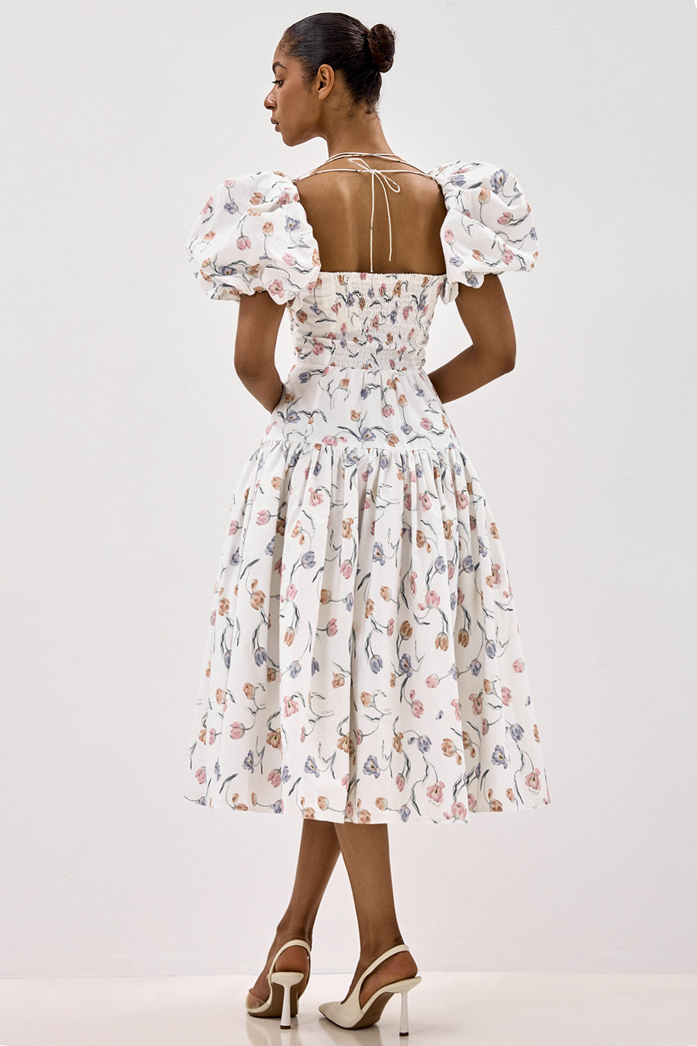 Cotton Midi Dress with Print and Puff Sleeves