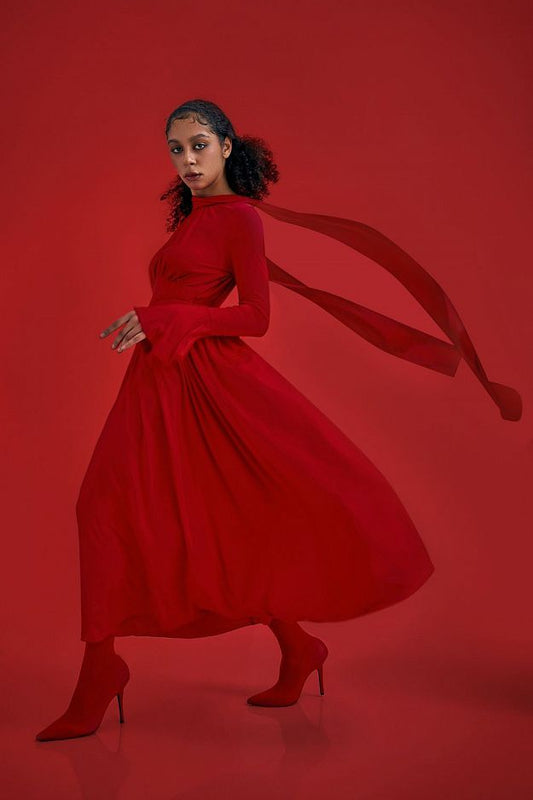 Pleated Bow-Neck Midi Dress