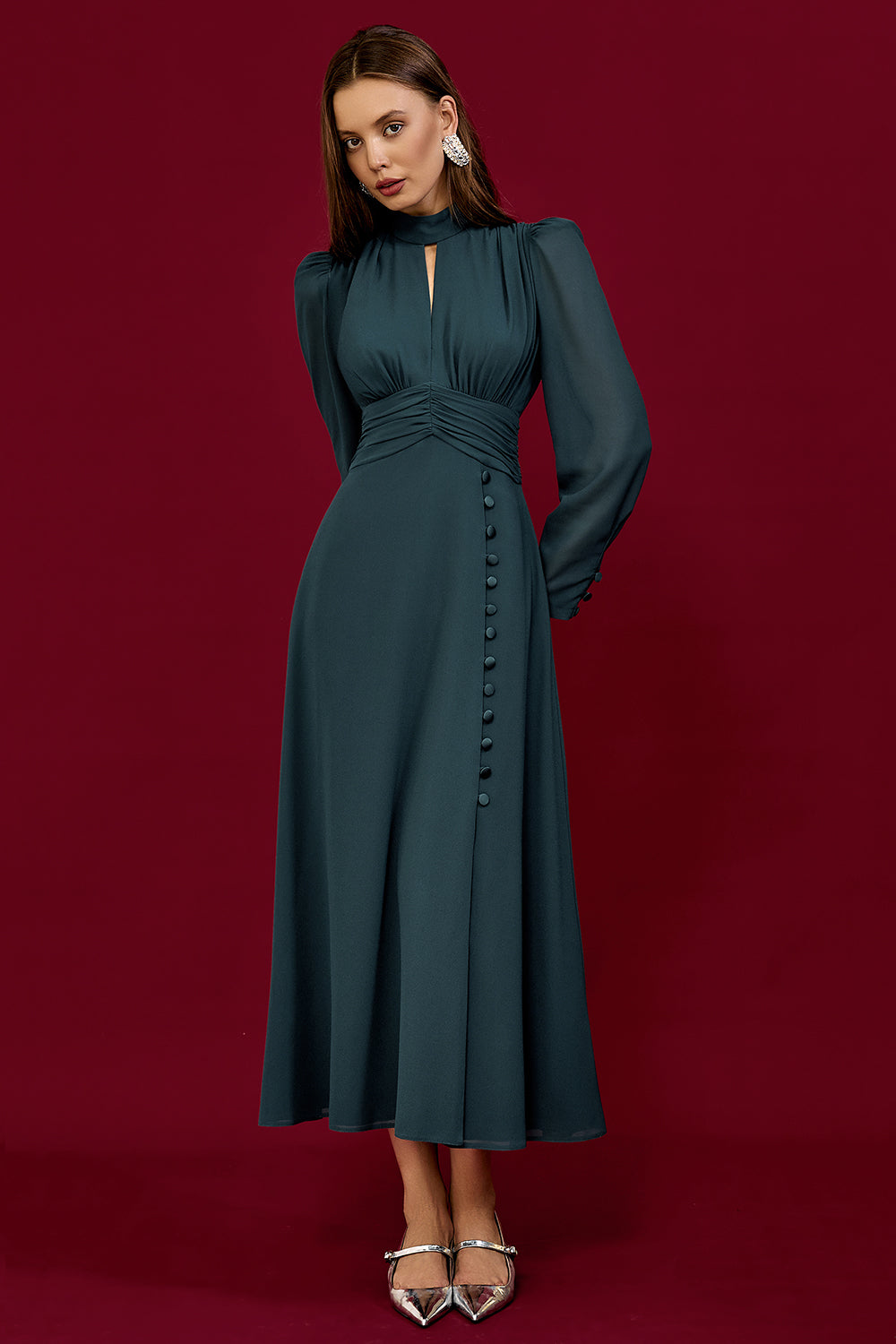 Refined Pleated Waist Midi Dress