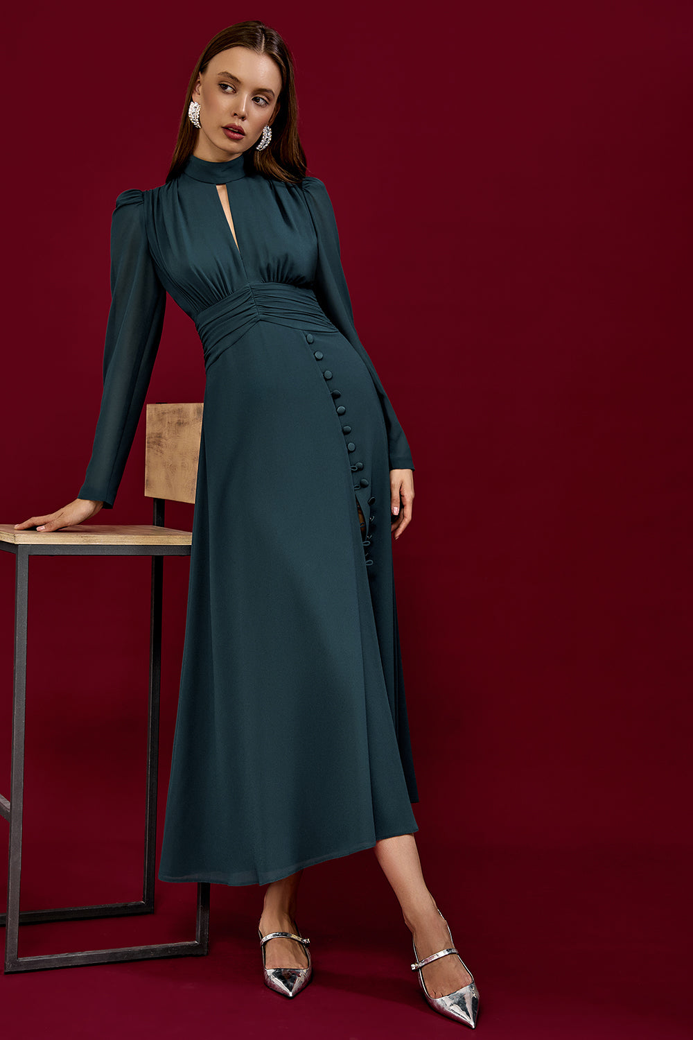 Refined Pleated Waist Midi Dress